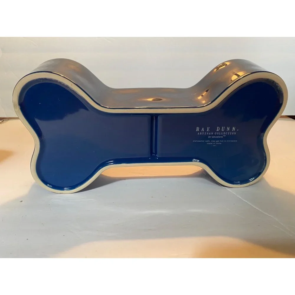 Rae Dunn Ceramic Blue Patriotic Pooch Dog Bone Shape Dog Bowl